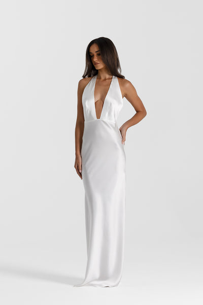 knee length dresses for ladies Uliana White Floral Lace Halterneck Maxi Dress - White 4